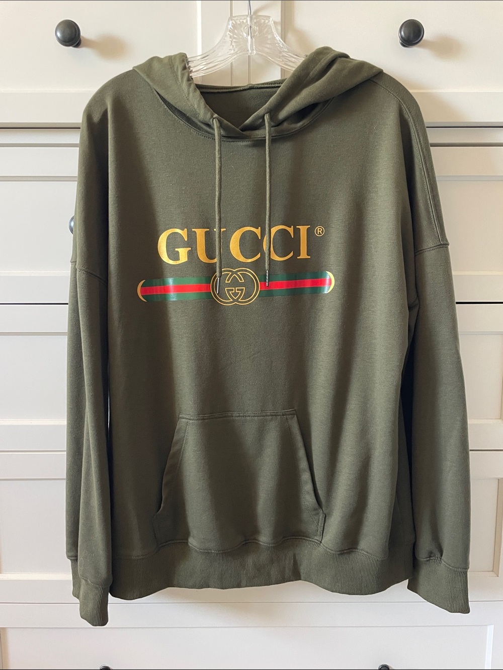 Unisex Designer-Inspired Printed Olive Green Hoodie - Size Large